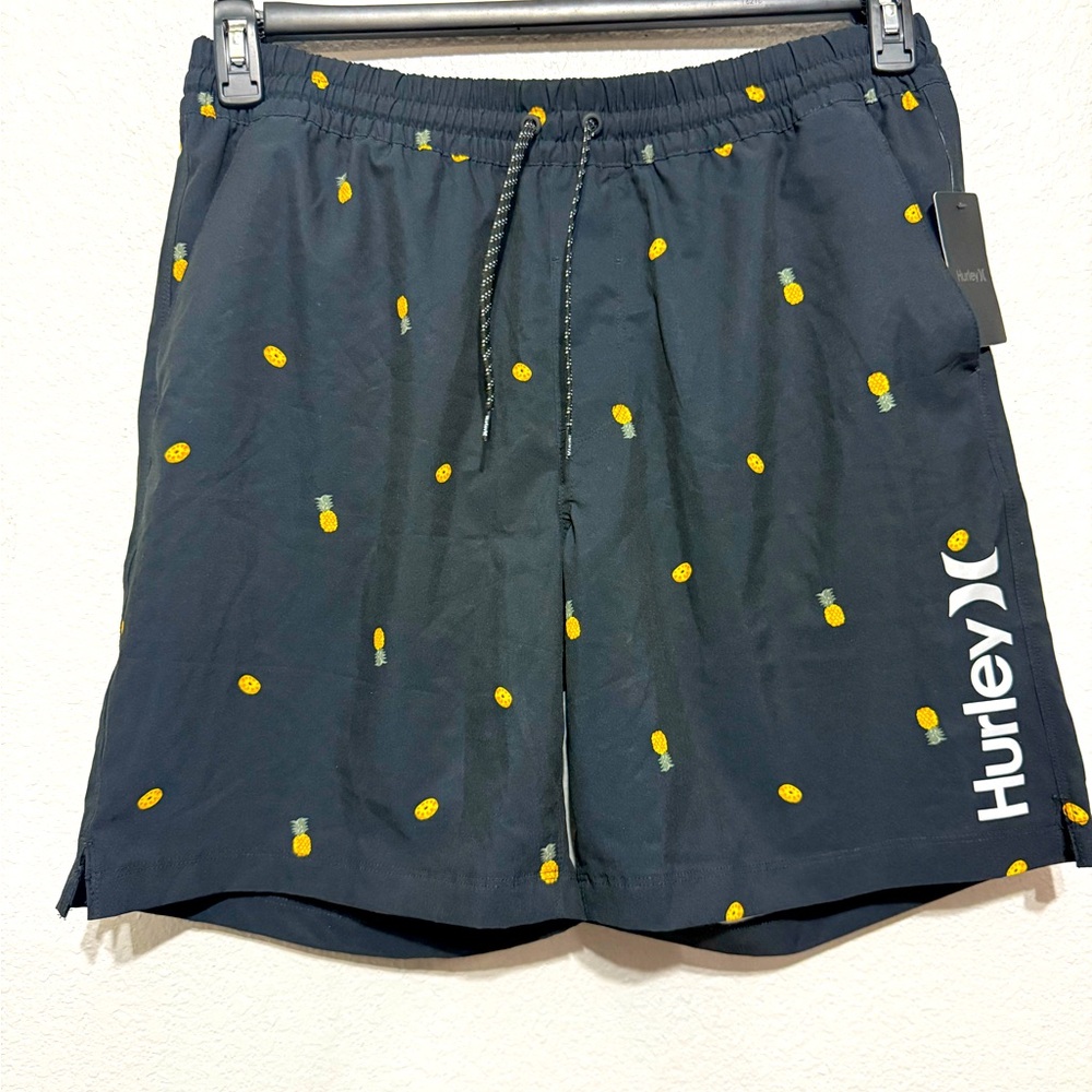 Hurley Black Swim Shorts with Yellow Pineapple Design